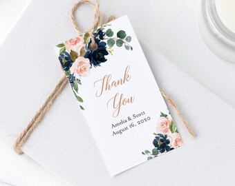 Rose Gold Navy Blush Editable Tags, Pink Blue Tag, Printable Floral Favor Tags, DIY Template, Instant Download, Templett, 542-A