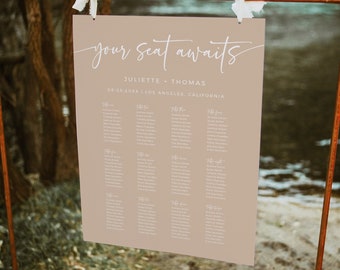 Modern Table Plan Poster, Boho Seating Plan, Taupe Wedding Seating Chart, Minimalist Wedding Seating Chart Board, Editable Template, 594-C