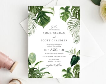 Printable Monstera Wedding Invitation, Editable Tropical Greenery Wedding Invite, Tropical Foliage Palms, Template Instant Download 550-A