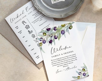 Editable Italian Olive Welcome Bag Letter Itinerary, Mediterranean Wedding Timeline Printable Order of Event Template Instant Download 563-A