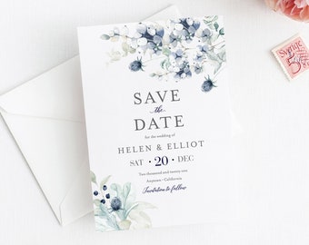 Blue Silver Gray Editable Save the Date, Winter Printable Save the Date DIY Template, Christmas Floral Save Date, Instant Download, 544-A