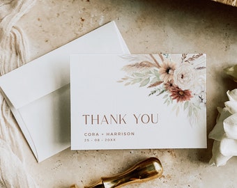 Editable Boho Thank You Cards, Printable Modern Pampas Grass Thank You, DIY Template Terracotta, Dried Flowers, Beige Instant Download 590-A
