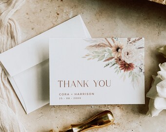 Editable Boho Thank You Cards, Printable Modern Pampas Grass Thank You, DIY Template Terracotta, Dried Flowers, Beige Instant Download 590-A