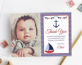 Printable Nautical Photo Thank You Card, Editable Boat Anchor Thank You Template, Baptism Birthday Baby Shower Thanks Instant Download 324-R