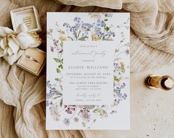 Wildflower Retirement Party Einladung für eine Frau, Retirement Invite Template, Floral Garden Party Einladung, bearbeitbare Retire Invite 504-A