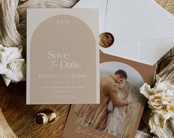 Modern Arch Save our Date, Taupe Save the Date, Photo Save the Date, Arched Save Date, Boho Save our Date, Tan, Editable Template, 598-A