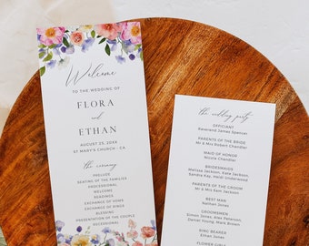 Ceremony Program with Flowers, Summer Wedding Order of Service Template, Floral Wedding Program, Editable Boho Program, Pink Printable 514-A