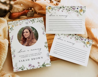 Funeral Share Memory Woman, Share a Memory Card Wildflower, Memorial Share a Memory Card & Sign Celebration of Life Editable Template 581-A