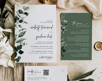 Botancial Wedding Invitation Set, Greenery Wedding Invitation Suite, Eucalyptus Invite, Garden Wedding, QR Code RSVP Editable Template 596-A