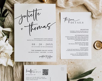 Modern Wedding Invite Set, Contemporary Wedding Invitation Suite, Printable Photo Invite, QR Code RSVP, Details, Editable Template, 594-A