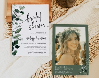 Botanical Bridal Shower Invitation with Photo, Bridal Shower Invite Greenery, Printable Invitation Leaves, Editable Invite Template, 596-A