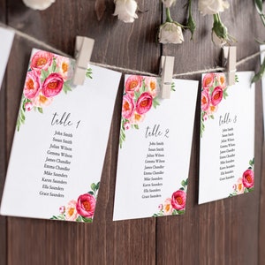 Fuchsia pioenrozen bewerkbare zitplaatsen grafiek sjabloon, koraal blozen groene hangende tafelkaarten, bloemen tafel zitplaatsen plan, Instant Download, 571-A