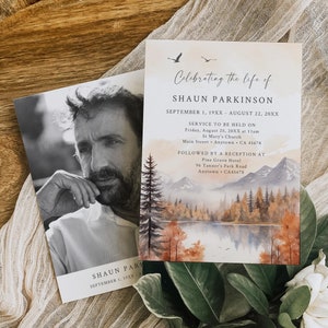 Woodland Beerdigungseinladung Mann, Berge Feier des Lebens, Beerdigung Ankündigung Vorlage Bearbeitbare Herbst Gedenkeinladung Rustikal 599-A