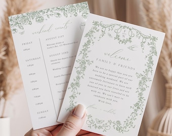 Sage Green Chinoiserie Wedding Timeline, Toile de Jouy Wedding Weekend Itinerary, French Floral Welcome Bag Letter, Editable Template, 523-C