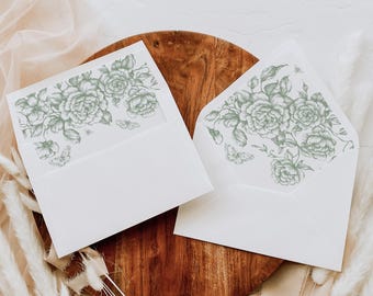 French Chinoiserie Envelope Liners, Green Toile Wedding Envelope Liner, Printable, Floral Vintage, Download 523-C