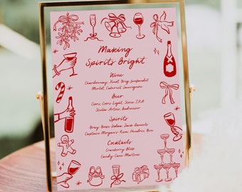 Pink Xmas Cocktail Bar Menu Template, Doodle Christmas Bar Menu Hand Drawn Holiday Drinks Menu, Printable Illustration Menu Editable 222-B