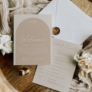 Itinerario de fin de semana de boda en color topo, línea de tiempo de boda arqueada, carta de bolsa de bienvenida moderna en arco, eventos de orden neutral boho, plantilla editable 598-A