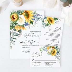 Sunflower Editable Wedding Invitation Suite, Yellow Floral RSVP Details, Cream Rose, Eucalyptus Printable Template, Instant Download 565-A