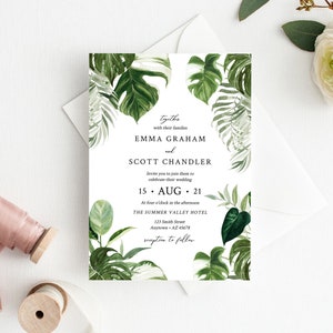 Editable Monstera Wedding Invitation, Tropical Greenery Wedding Invite, Tropical Foliage Palms, Printable Template Instant Download 550-A