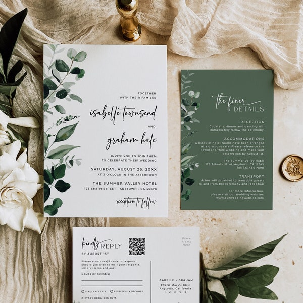 Suite d'invitation de mariage de verdure, ensemble d'invitation de mariage botanique, invitation d'eucalyptus, mariage de jardin, modèle modifiable RSVP de code QR 596-A