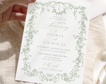 Green Chinoiserie Anniversary Party Invite, Toile Wedding Anniversary Invitation, 40th 50th, Editable Template, 523-C