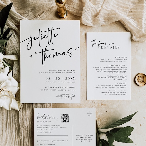 Modern Wedding Invite Set, Contemporary Wedding Invitation Suite, Printable Photo Invite, QR Code RSVP, Details, Editable Template, 594-A