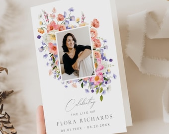 Foldable Memorial Service Program Printable, Floral Funeral Booklet Program Template, Celebration of Life Program with Flower Editable 514-A