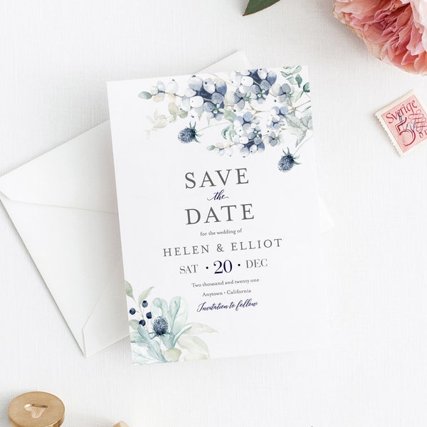 Navy Silver Gray Editable Save the Date, Christmas Printable Save the Date DIY Template, Winter Floral Save Date, Instant Download, 544-A
