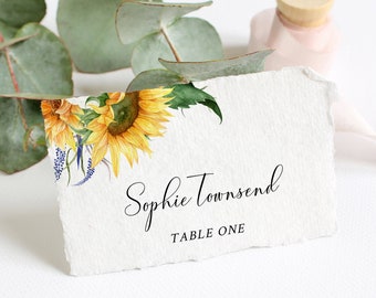 Tarjetas de lugar editables de girasol, tarjeta de nombre de vegetación floral amarilla, tarjeta de nombre de follaje plantilla de tarjeta de asiento de boda imprimible Eucalipto 565-A