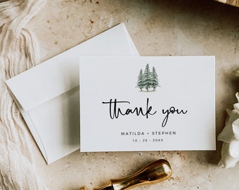 Printable Rustic Woodland Thank You Cards, Editable Minimal Evergreen Pine Thank You, DIY Template Minimalist, Forest Instant Download 588-A