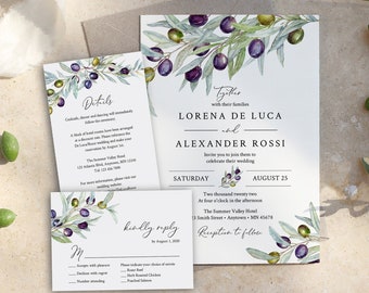 Editable Olive Wedding Invitation Suite, Olive Branch RSVP Details, Rustic Italian Olive Tree, Printable Template, Instant Download 563-A