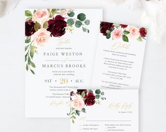 Burgundy Blush Floral Editable Wedding Invitation Suite, Merlot Pink Gold RSVP Details, Greenery, Printable Template, Instant Download 574-A