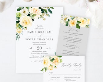 Yellow Floral Editable Wedding Invitation Suite, Lemon Green White Floral RSVP Details, Printable Template Instant Download Templett 558-A