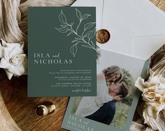 Botanical Wedding Invitation, Sage Green Minimalist Wedding Invitation Photo, Printable Modern Wedding Invite Editable Invite Template 589-C