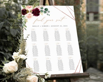 Printable Rose Gold Geometric Burgundy Editable Seating Chart, Pink Floral Table Plan, 18 x 24 24 x 36, A1 A2, Template, Inst Download 575-A