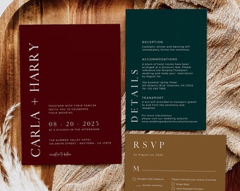 Printable Jewel Tone Modern Wedding Invitation Suite, Editable Burgundy Minimal Photo Invite, RSVP Details Template, Instant Download 587-A