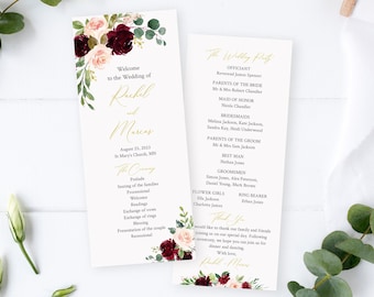 Burgundy Blush Gold Editable Wedding Program, Merlot Pink Floral Program, Printable Program, Template, Greenery Rose, Instant Download 574-A