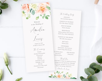 Editable Peach Rose Wedding Program, Eucalyptus Greenery Peach Floral Program, Printable Program, Template, Roses, Download, Templett 551-A