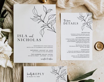 Modern Line Art Photo Invite Template, Editable Minimal Botanical Wedding Invitation Suite, RSVP Details Printable, Instant Download 589-A