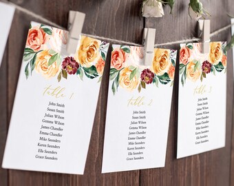 Fall Gold Floral Editable Seating Chart Template, Blush Green Burgundy Hanging Table Cards, Table Seating Plan Instant Download 540-A