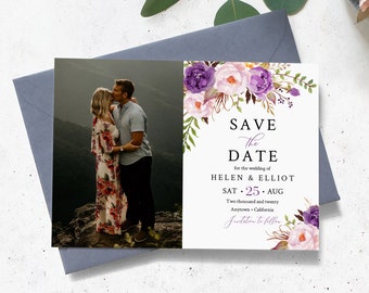 Photo Save the Date, Purple Floral Editable Printable Save the Date DIY Template, Lilac Green Save Date Photo Card, Instant Download, 530-A