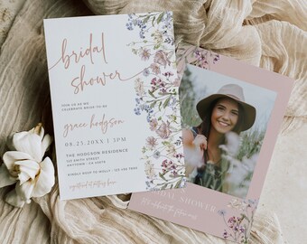 Bridal Shower Invite Wildflower, Wildflower Bridal Shower Invitation with Photo, Printable Boho Invitation, Editable Invite Template, 597-A