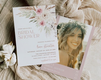 Dusty Rose Dried Flower Bridal Shower Invite, Boho Bridal Shower Invitation, Printable Photo Invite, Bohemian Invite Editable Template 591-A