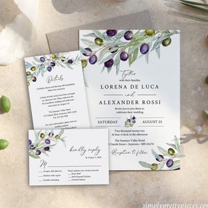 Suite de faire-part de mariage modifiable olive, branches d'olivier RSVP détails, olivier italien rustique, modèle imprimable, téléchargement immédiat 563-A
