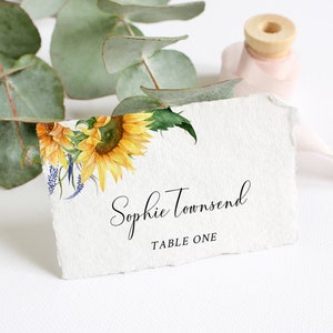 Tarjetas de lugar editables con girasoles, tarjeta de presentación con vegetación floral amarilla, tarjeta de presentación con follaje, plantilla de tarjeta de asiento de boda imprimible, eucalipto 565-A