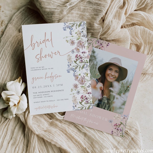 Wildflower Bridal Shower Invitation with Photo, Bridal Shower Invite Wildflower, Printable Boho Invitation, Editable Invite Template, 597-A