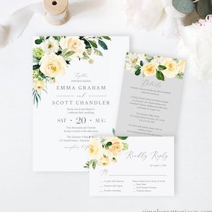 Suite de invitación de boda floral amarilla editable, detalles de RSVP floral blanco verde limón, plantilla imprimible Descarga instantánea Templett 558-A