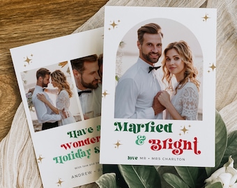 Editable Married & Bright Holiday Card, Retro Newlywed Christmas Card Template with Photo, Printable Boho Christmas Card, Xmas Card, 214-A