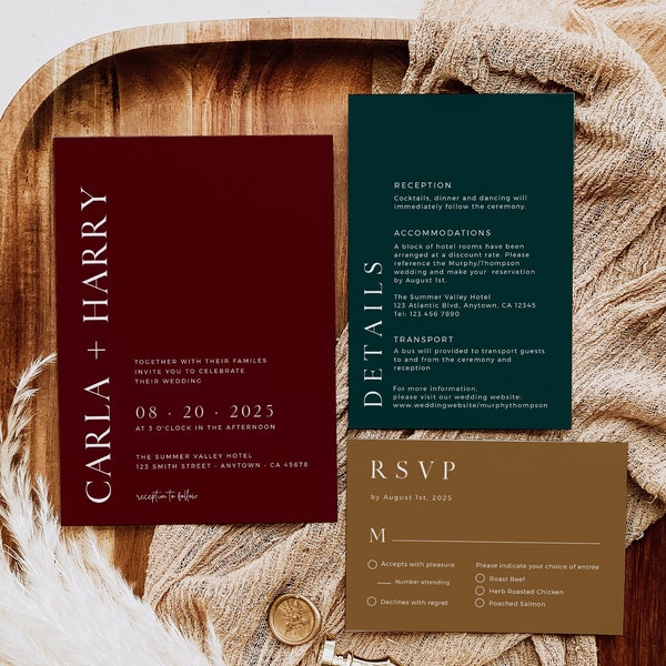 Jewel Tone Modern Editable Wedding Invitation Suite, Burgundy Minimal Photo Invite, RSVP Details Printable Template, Instant Download 587-A