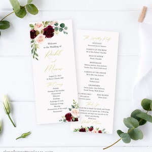 Editable Burgundy Blush Gold Wedding Program, Merlot Pink Floral Program, Printable Program, Template, Greenery Rose, Instant Download 574-A